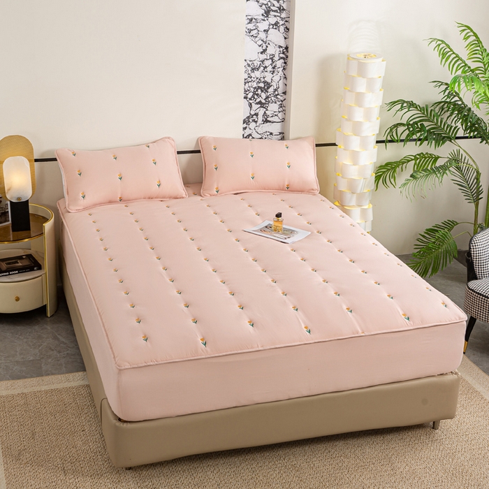 91家纺网 家纺一手货源 找家纺 米柳家纺 2024新款水洗棉大豆夹棉床笠 郁金香-粉玉