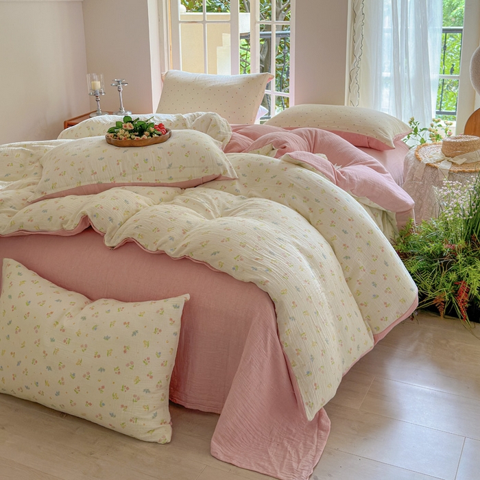 91家纺网 家纺一手货源 找家纺 木楌  2025新款全棉A类皱皱纱印花四件套 沁香