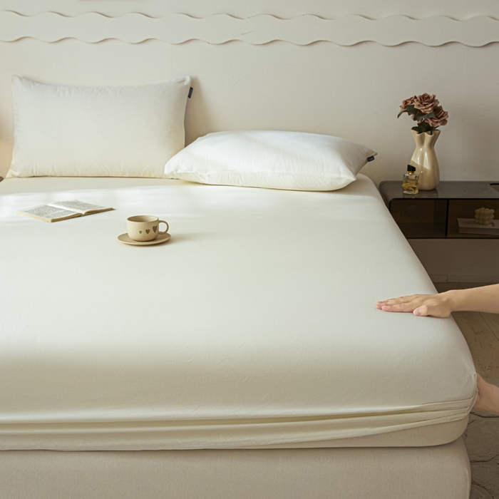 91家纺网 家纺一手货源 找家纺 涵宸家纺 2024新款全棉磨毛四件套纯厚系列-单床笠 a奶白