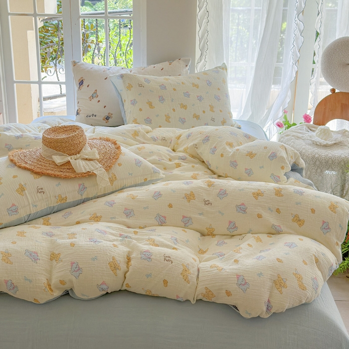 91家纺网 家纺一手货源 找家纺 木楌  2025新款全棉A类皱皱纱印花四件套 海皮狗