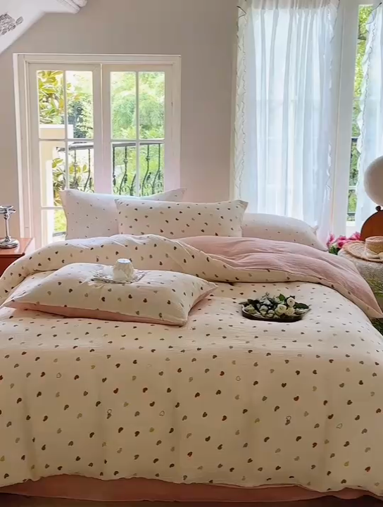 91家纺网 家纺一手货源 找家纺 木楌  2025新款全棉A类皱皱纱印花四件套 奶油爱心