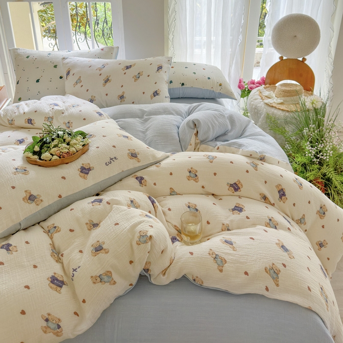 91家纺网 家纺一手货源 找家纺 木楌  2025新款全棉A类皱皱纱印花四件套 彼得熊