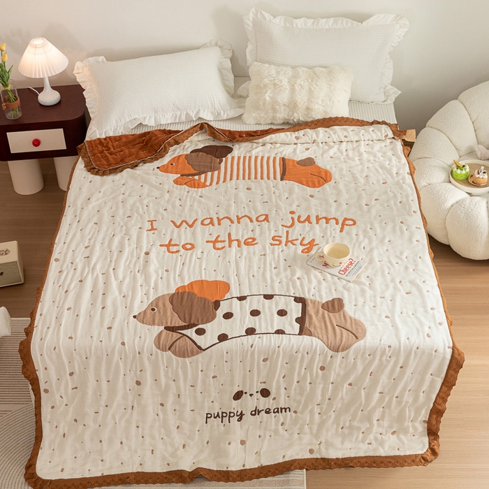 91家纺网 家纺一手货源 找家纺 乐家毛巾被 2024新款十层纱布泡芙被 斑点狗