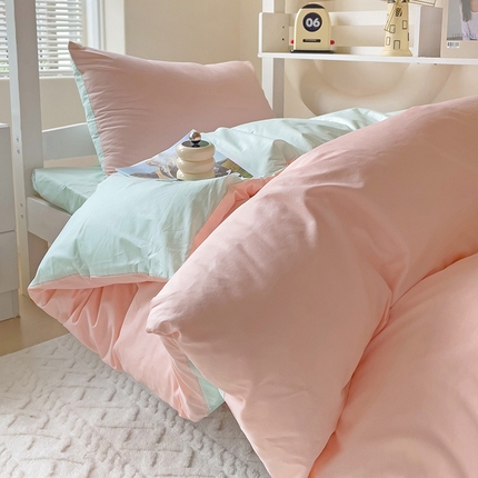 2024新款A类加密全棉40支13376简约风双拼纯色纯棉四件套单被套枕套三件套 粉玉+绿