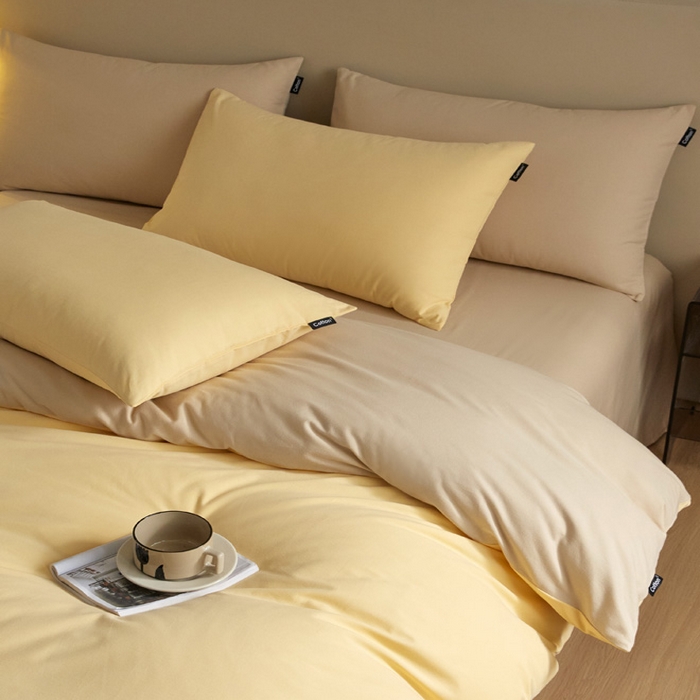 91家纺网 家纺一手货源 找家纺 涵宸家纺 2024新款全棉磨毛四件套纯厚系列（轻）-单被套 纯厚（嫩黄+茶色）