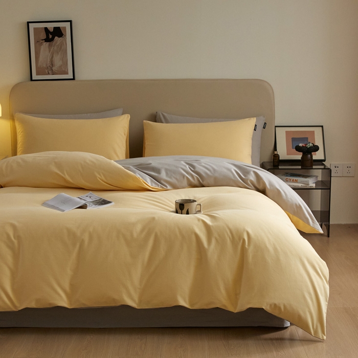 91家纺网 家纺一手货源 找家纺 涵宸家纺 2024新款全棉磨毛四件套纯厚系列（轻）-四件套 纯厚（嫩黄+漫灰）