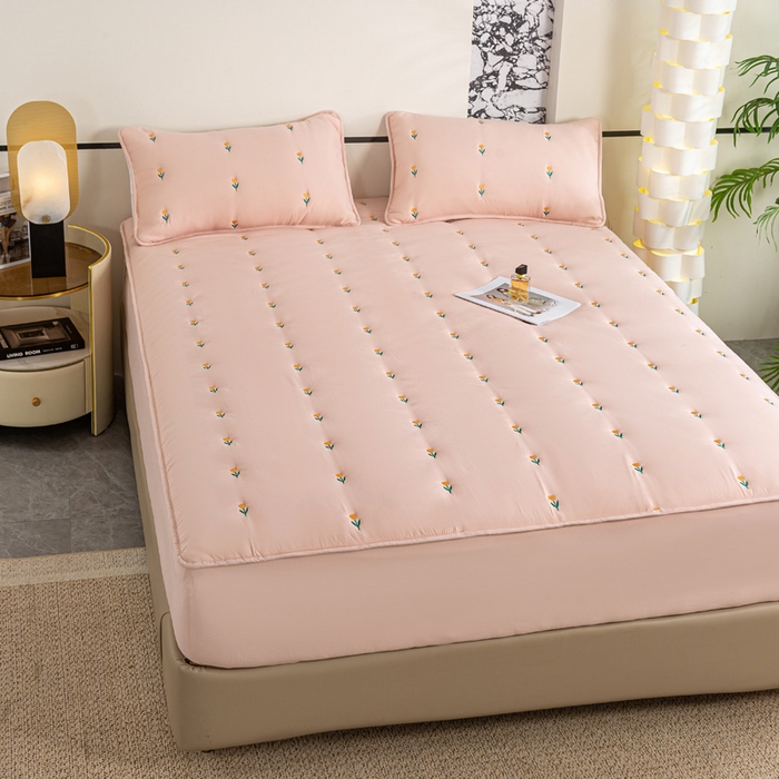 91家纺网 家纺一手货源 找家纺 米柳家纺 2024新款水洗棉大豆夹棉床笠 郁金香-粉玉