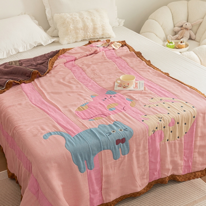 91家纺网 家纺一手货源 找家纺 乐家毛巾被 2024新款十层纱布泡芙被 彩虹小猫