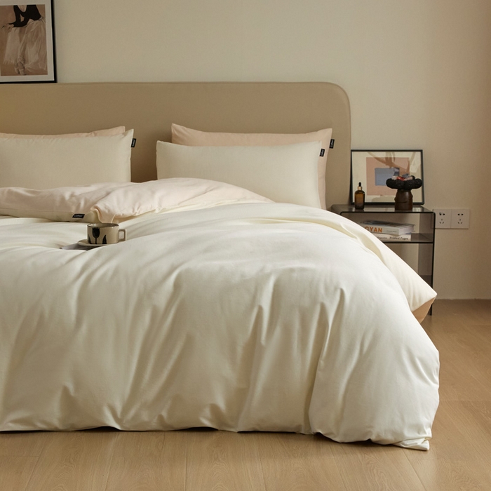 91家纺网 家纺一手货源 找家纺 涵宸家纺 2024新款全棉磨毛四件套纯厚系列（轻）-单被套 纯厚（奶白+白桃）