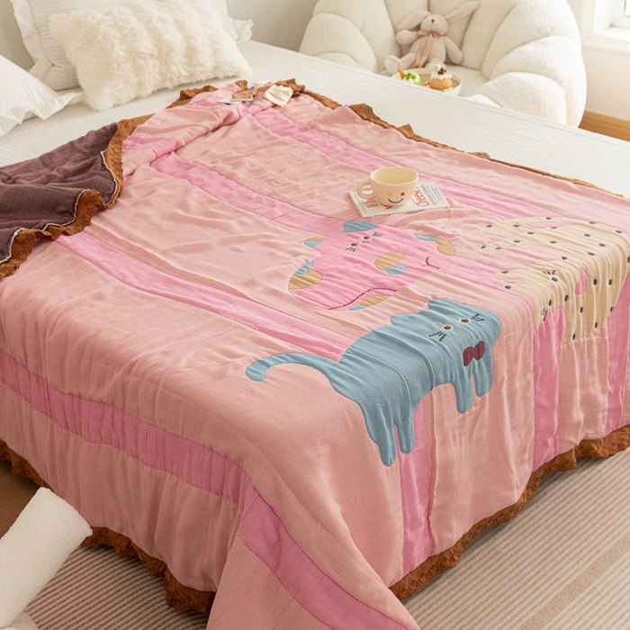 91家纺网 家纺一手货源 找家纺 乐家毛巾被 2024新款十层纱布泡芙被 彩虹小猫