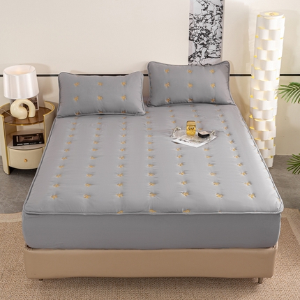 米柳家纺 2024新款水洗棉大豆夹棉床笠 蝴蝶结-雅灰