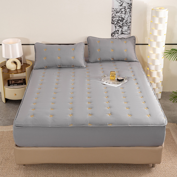 91家纺网 家纺一手货源 找家纺 米柳家纺 2024新款水洗棉大豆夹棉床笠 蝴蝶结-雅灰