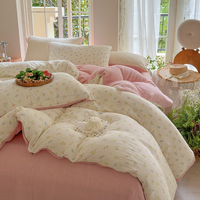 91家纺网 家纺一手货源 找家纺 木楌  2025新款全棉A类皱皱纱印花四件套 沁香