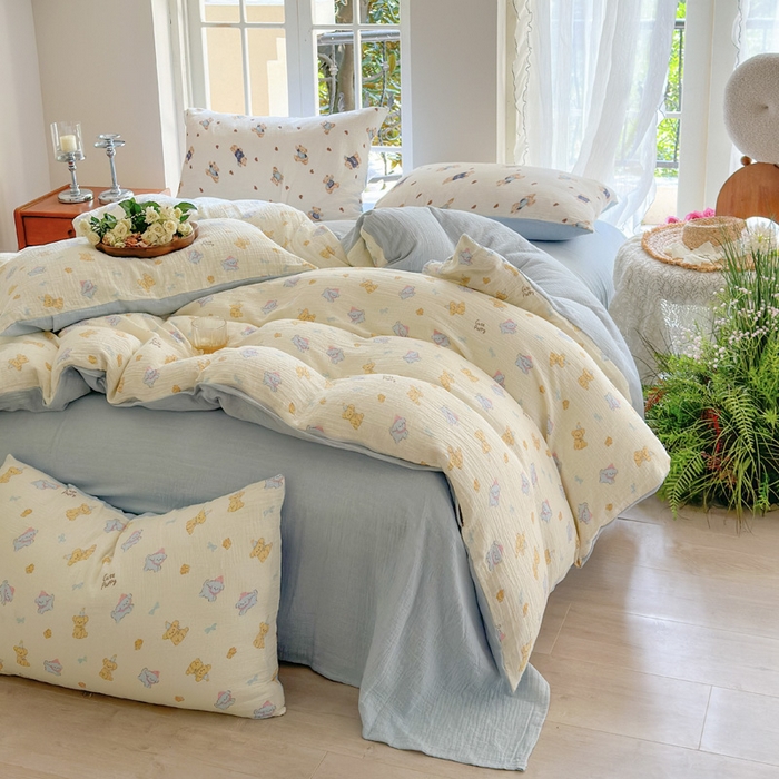 91家纺网 家纺一手货源 找家纺 木楌  2025新款全棉A类皱皱纱印花四件套 海皮狗