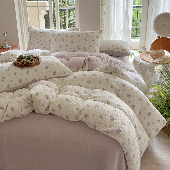 91家纺网 家纺一手货源 找家纺 木楌  2025新款全棉A类皱皱纱印花四件套 丁香-紫