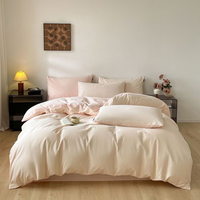 91家纺网 家纺一手货源 找家纺 涵宸家纺 2024新款全棉磨毛四件套纯厚系列（简）-四件套 纯厚（白桃+粉）