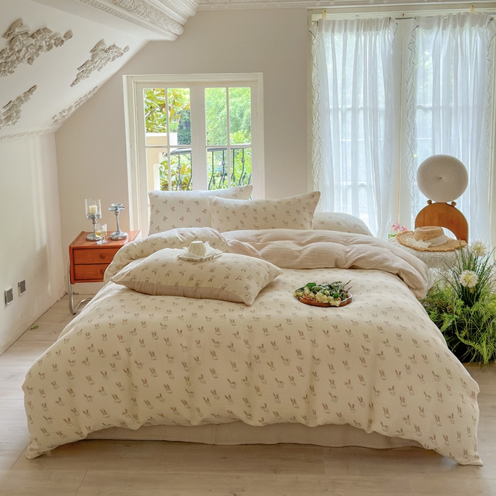 91家纺网 家纺一手货源 找家纺 木楌  2025新款全棉A类皱皱纱印花四件套美芽