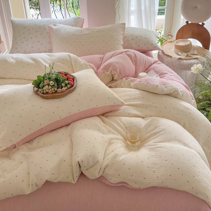 91家纺网 家纺一手货源 找家纺 木楌  2025新款全棉A类皱皱纱印花四件套 奶油波点