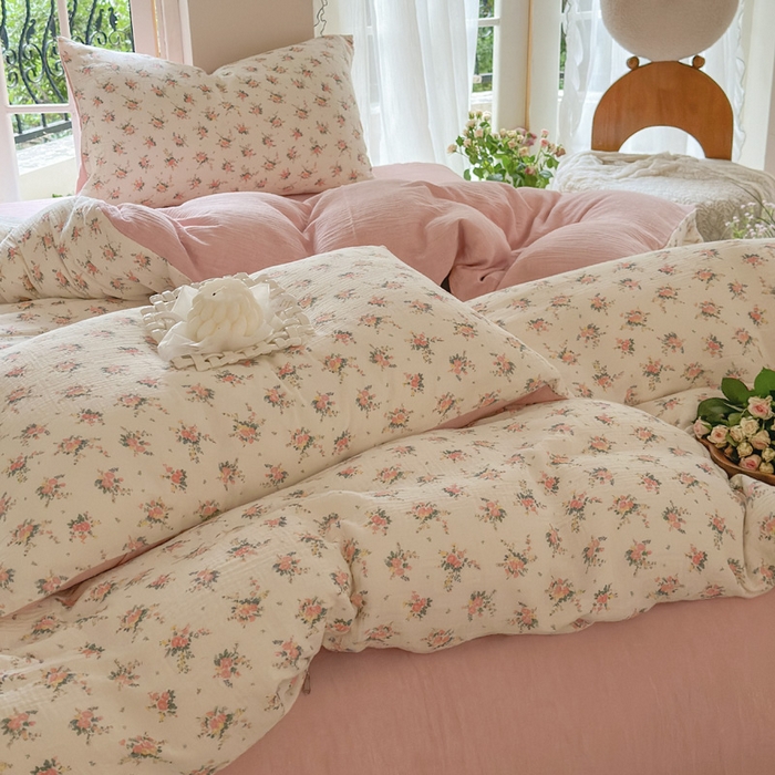 91家纺网 家纺一手货源 找家纺 木楌  2025新款全棉A类皱皱纱印花四件套 浅汐