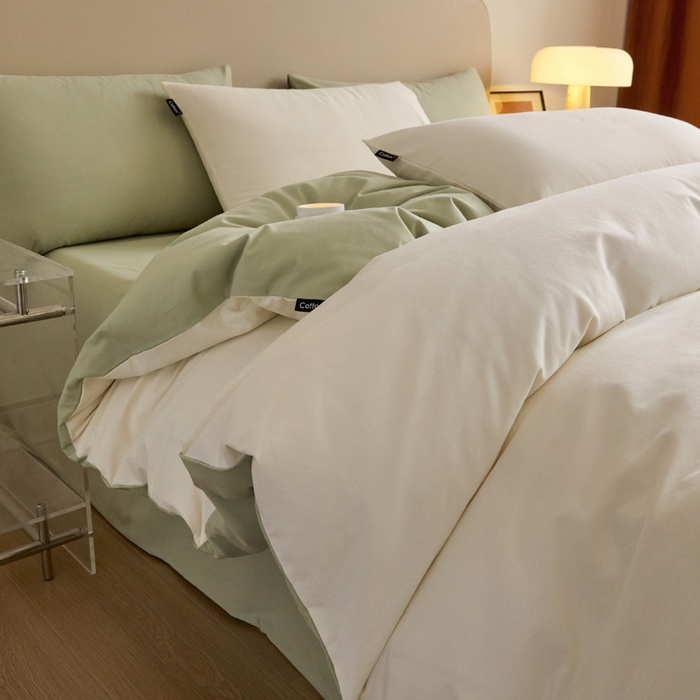 91家纺网 家纺一手货源 找家纺 涵宸家纺 2024新款全棉磨毛四件套纯厚系列（轻）-四件套 纯厚（奶白+绿）