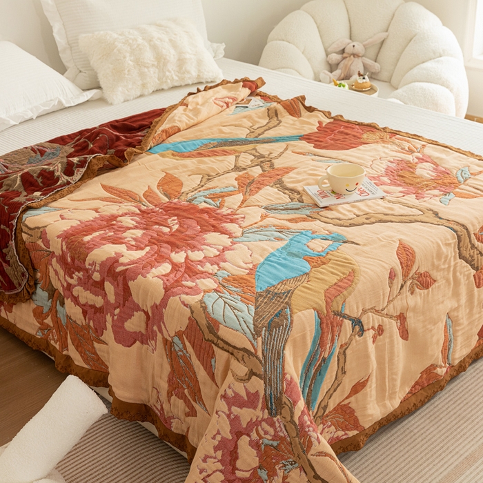 91家纺网 家纺一手货源 找家纺 乐家毛巾被 2024新款十层纱布泡芙被 牡丹杜鹃