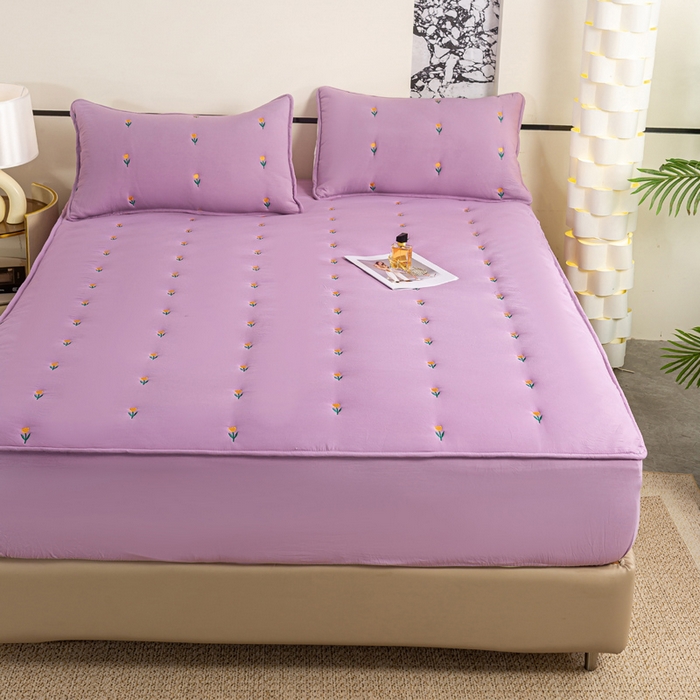 91家纺网 家纺一手货源 找家纺 米柳家纺 2024新款水洗棉大豆夹棉床笠 郁金香-黛紫