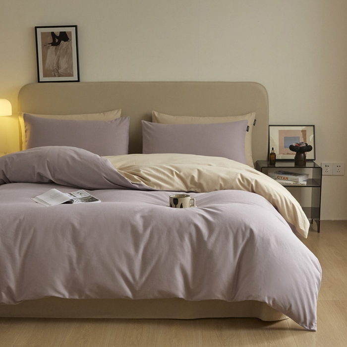 91家纺网 家纺一手货源 找家纺 涵宸家纺 2024新款全棉磨毛四件套纯厚系列（轻）-四件套 纯厚（星空紫+茶色）