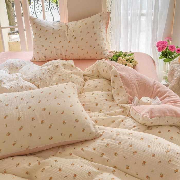 91家纺网 家纺一手货源 找家纺 木楌  2025新款全棉A类皱皱纱印花四件套 春泥