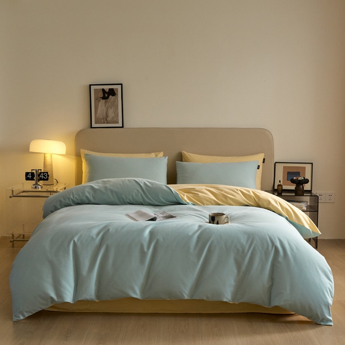 91家纺网 家纺一手货源 找家纺 涵宸家纺 2024新款全棉磨毛四件套纯厚系列（轻）-单被套 纯厚（爱琴海+黄）