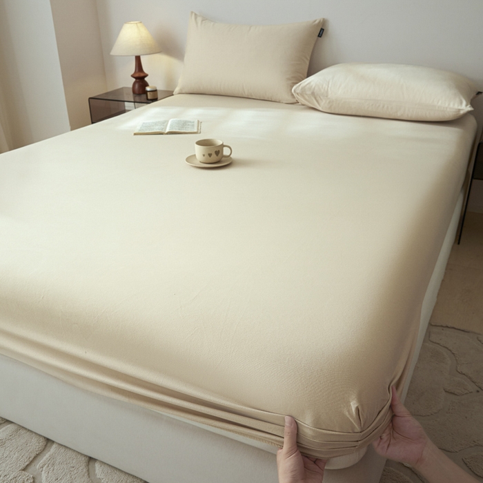 91家纺网 家纺一手货源 找家纺 涵宸家纺 2024新款全棉磨毛四件套纯厚系列-单床笠 a奶茶色