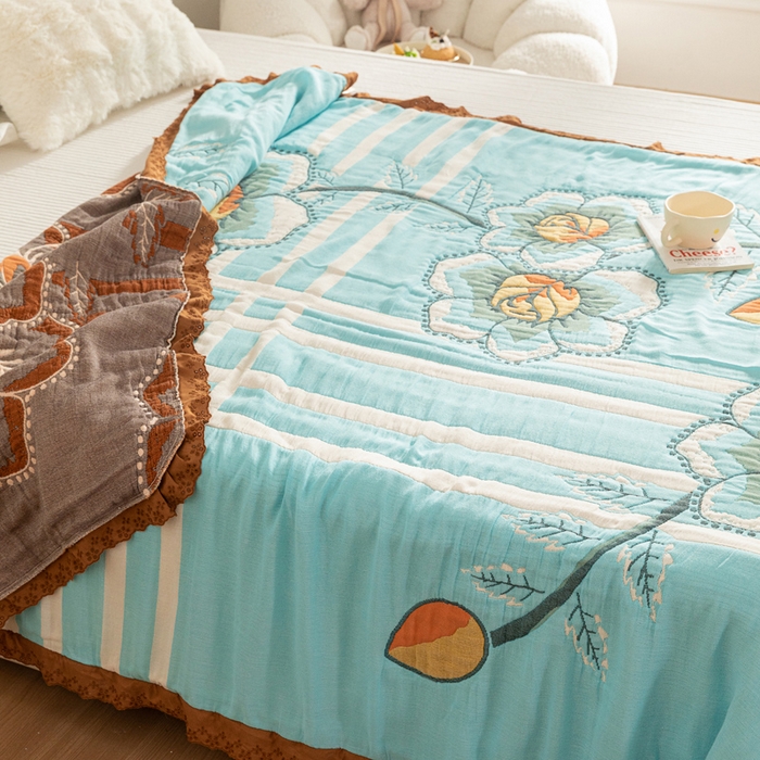 91家纺网 家纺一手货源 找家纺 乐家毛巾被 2024新款十层纱布泡芙被 蓝底芙蓉