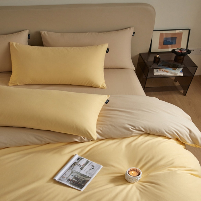 91家纺网 家纺一手货源 找家纺 涵宸家纺 2024新款全棉磨毛四件套纯厚系列（轻）-四件套 纯厚（嫩黄+茶色）