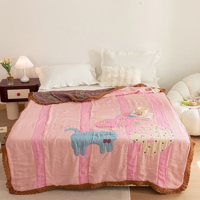 91家纺网 家纺一手货源 找家纺 乐家毛巾被 2024新款十层纱布泡芙被 彩虹小猫