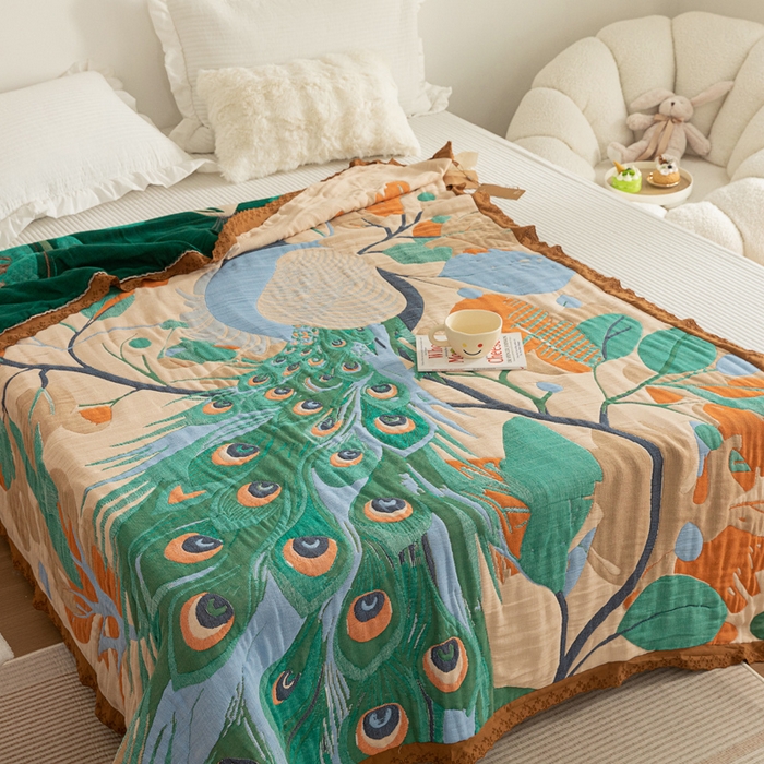 91家纺网 家纺一手货源 找家纺 乐家毛巾被 2024新款十层纱布泡芙被 花枝孔雀