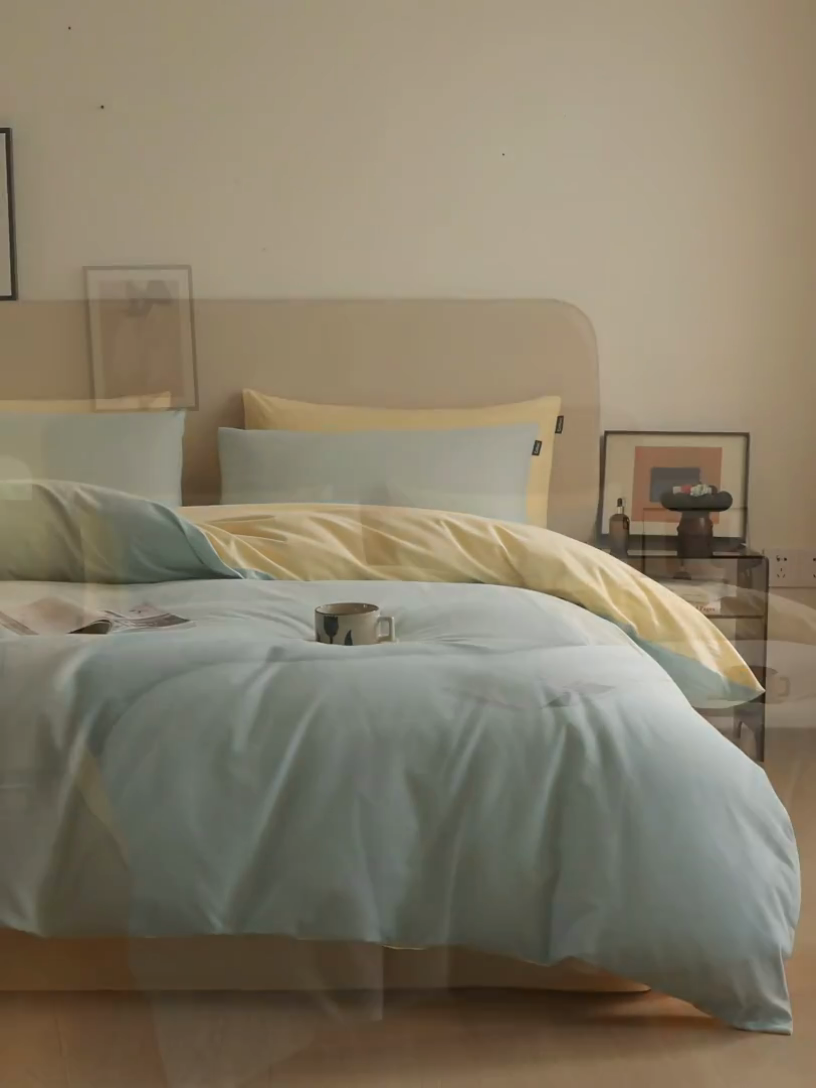 91家纺网 家纺一手货源 找家纺 涵宸家纺 2024新款全棉磨毛四件套纯厚系列（轻）-四件套 纯厚（爱琴海+黄）