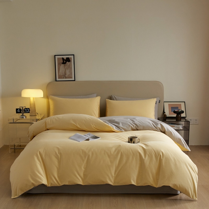 91家纺网 家纺一手货源 找家纺 涵宸家纺 2024新款全棉磨毛四件套纯厚系列（轻）-四件套 纯厚（嫩黄+漫灰）