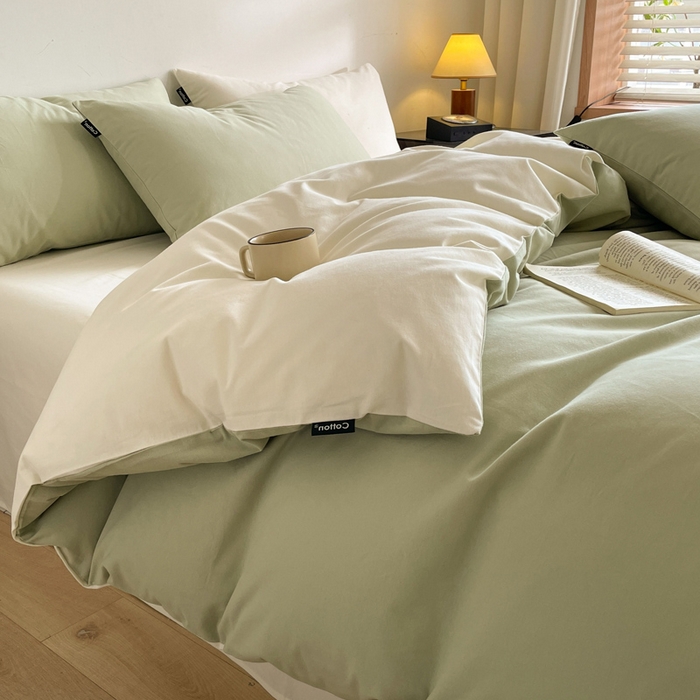 91家纺网 家纺一手货源 找家纺 涵宸家纺 2024新款全棉磨毛四件套纯厚系列（简）-四件套 纯厚（古今绿+奶白）