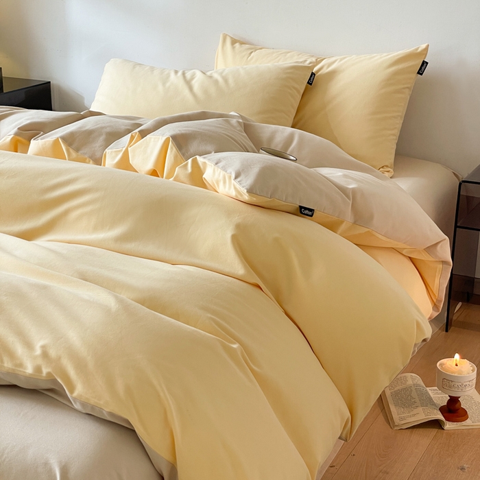 91家纺网 家纺一手货源 找家纺 涵宸家纺 2024新款全棉磨毛四件套纯厚系列（简）-四件套 纯厚（嫩黄+茶色）