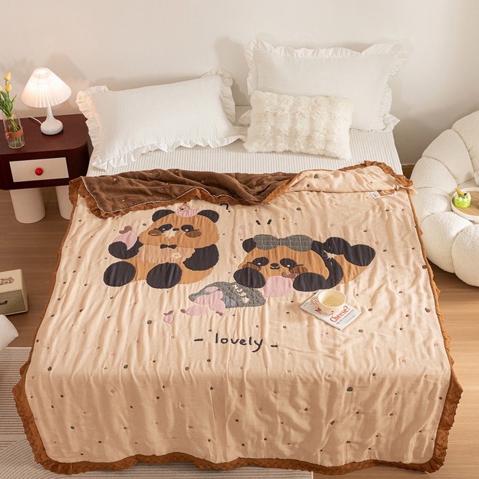 91家纺网 家纺一手货源 找家纺 乐家毛巾被 2024新款十层纱布泡芙被 两只熊猫