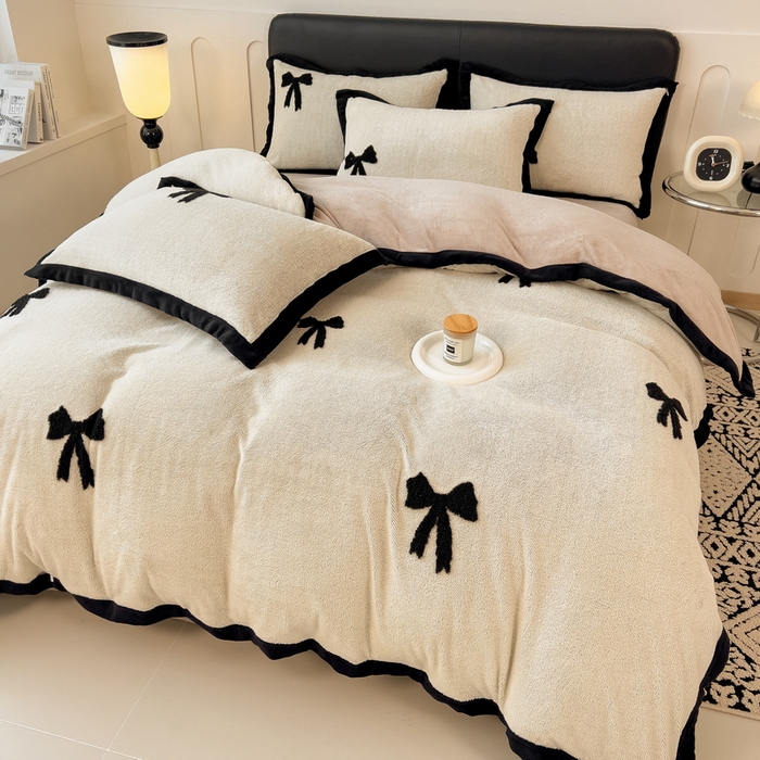 91家纺网 家纺一手货源 找家纺 丝羽坊 2024新款阳离子舒棉绒牛奶绒提花四件套 蝴蝶结-奶白