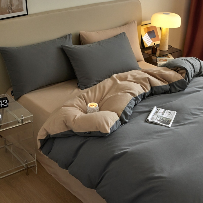 91家纺网 家纺一手货源 找家纺 涵宸家纺 2024新款全棉磨毛四件套纯厚系列（轻）-四件套 纯厚（高级灰+棕）