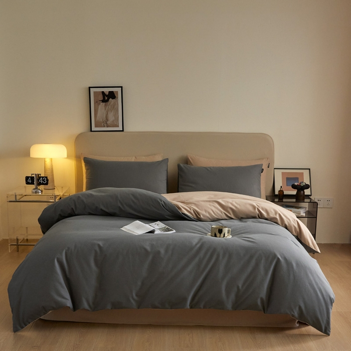 91家纺网 家纺一手货源 找家纺 涵宸家纺 2024新款全棉磨毛四件套纯厚系列（轻）-四件套 纯厚（高级灰+棕）