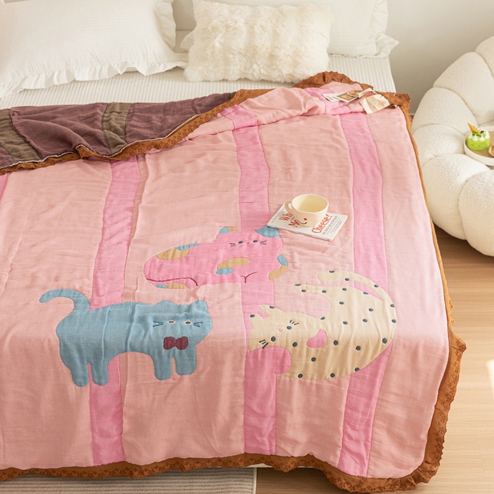 91家纺网 家纺一手货源 找家纺 乐家毛巾被 2024新款十层纱布泡芙被 彩虹小猫