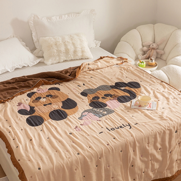 91家纺网 家纺一手货源 找家纺 乐家毛巾被 2024新款十层纱布泡芙被 两只熊猫