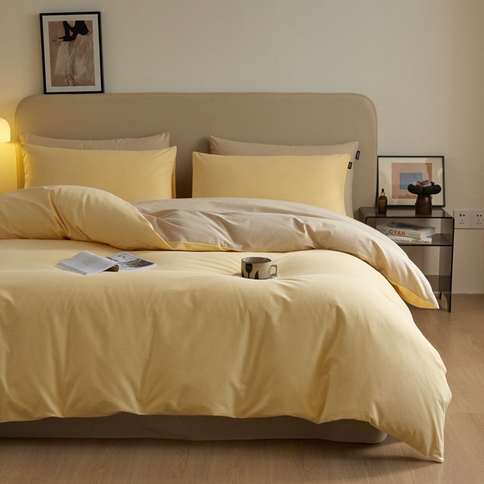 91家纺网 家纺一手货源 找家纺 涵宸家纺 2024新款全棉磨毛四件套纯厚系列（轻）-四件套 纯厚（嫩黄+茶色）