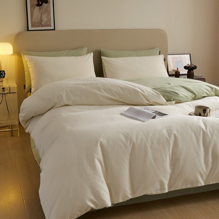 91家纺网 家纺一手货源 找家纺 涵宸家纺 2024新款全棉磨毛四件套纯厚系列（轻）-单被套 纯厚（奶白+绿）