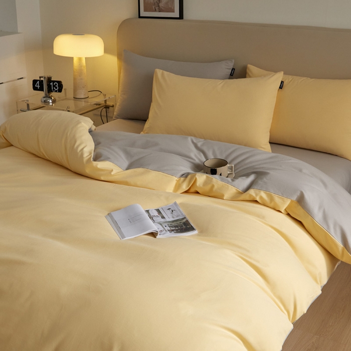 91家纺网 家纺一手货源 找家纺 涵宸家纺 2024新款全棉磨毛四件套纯厚系列（轻）-四件套 纯厚（嫩黄+漫灰）