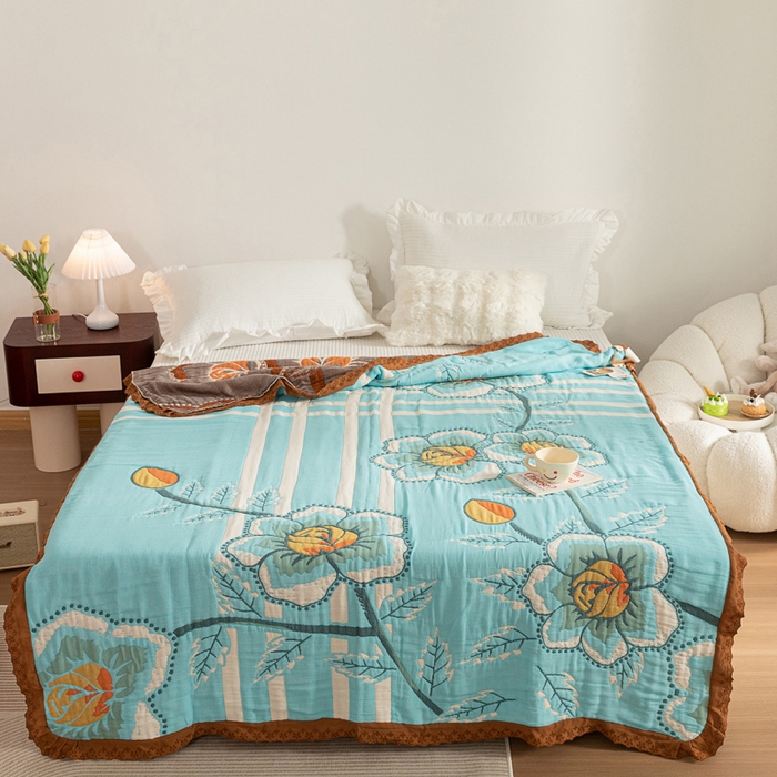 91家纺网 家纺一手货源 找家纺 乐家毛巾被 2024新款十层纱布泡芙被 蓝底芙蓉