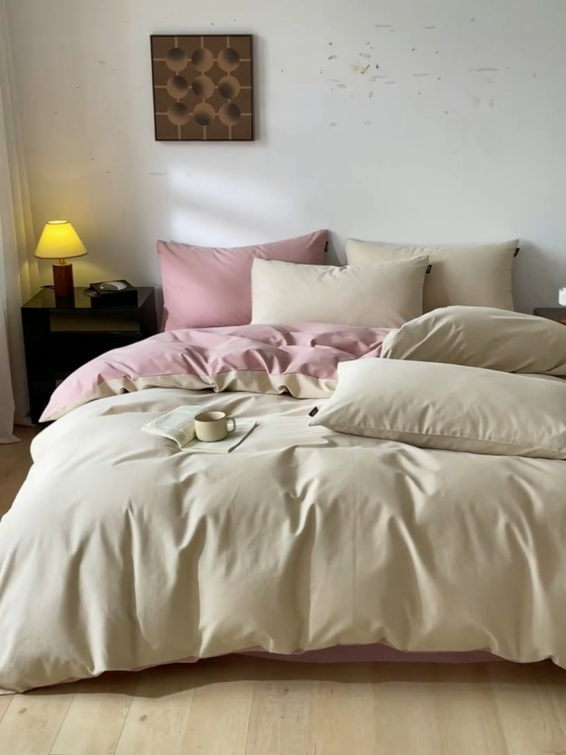 91家纺网 家纺一手货源 找家纺 涵宸家纺 2024新款全棉磨毛四件套纯厚系列（简）-四件套 纯厚（奶茶色+豆沙）