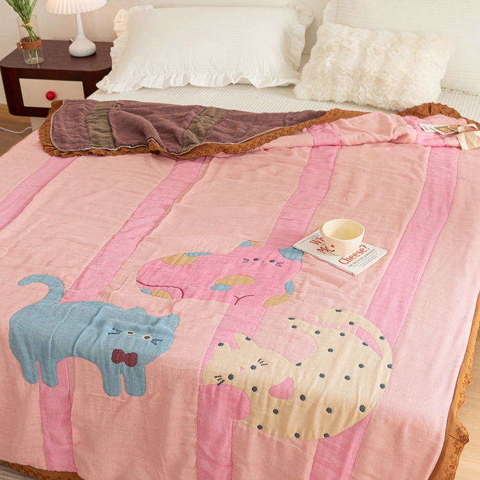 91家纺网 家纺一手货源 找家纺 乐家毛巾被 2024新款十层纱布泡芙被 彩虹小猫